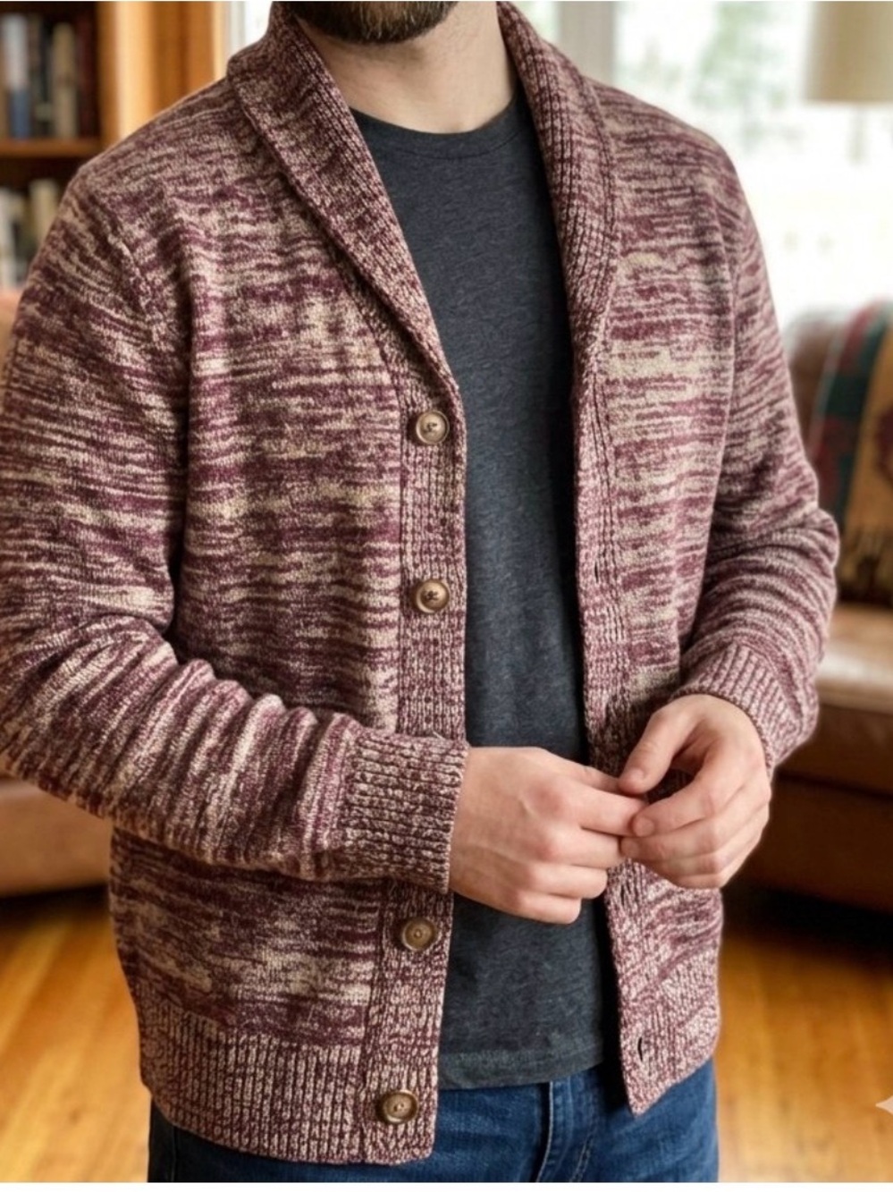 NWT Men's Marled Burgundy Shawl-Collar Cardigan Sweater